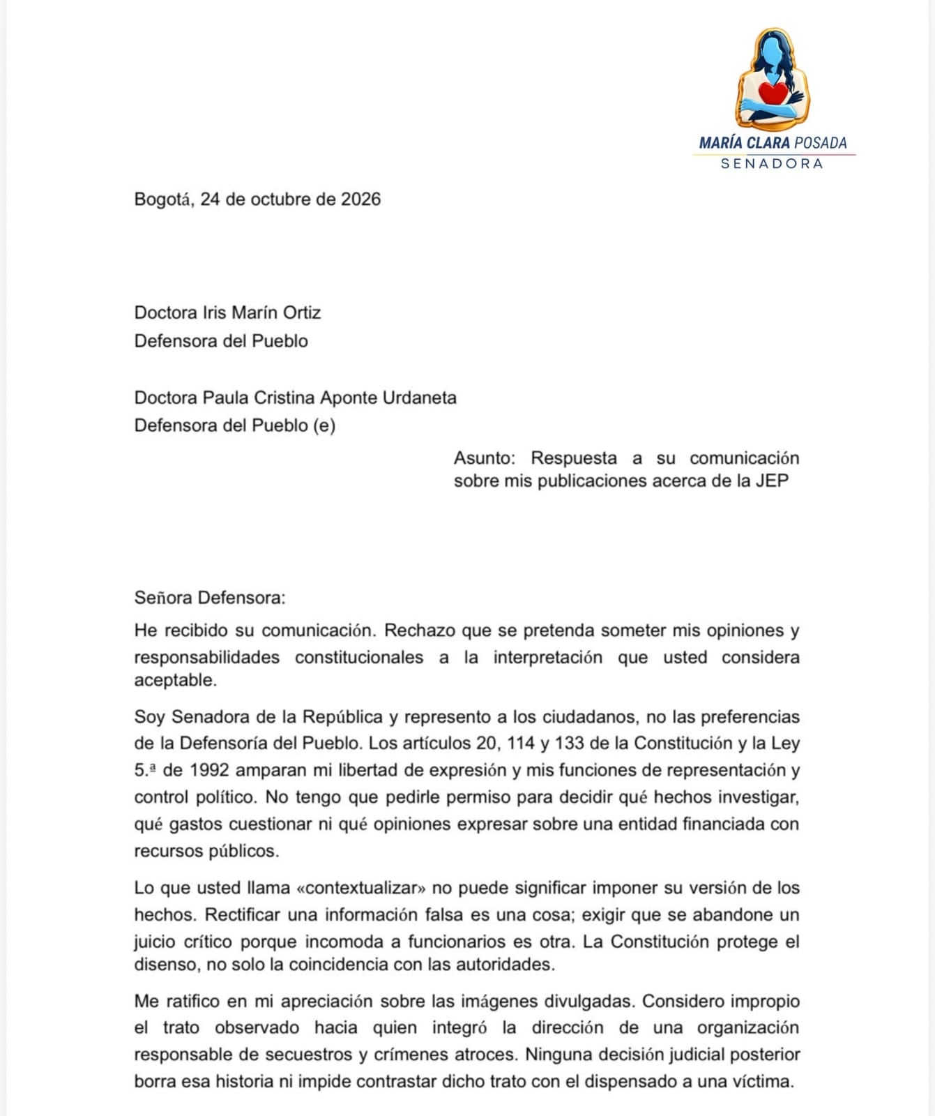 Carta de María Clara Posada a la defensora del Pueblo, Iris Marín - crédito @MaclaPosada/X