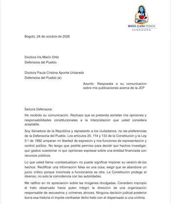 Carta de María Clara Posada a la defensora del Pueblo, Iris Marín - crédito @MaclaPosada/X