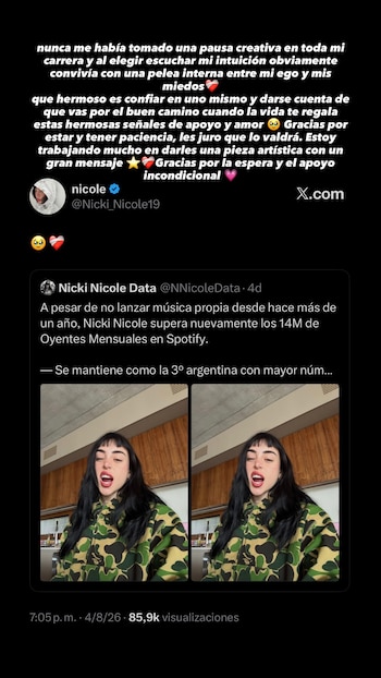 Captura de pantalla de una publicación en X.com con texto de Nicki Nicole sobre una pausa creativa y un tuit sobre sus oyentes en Spotify