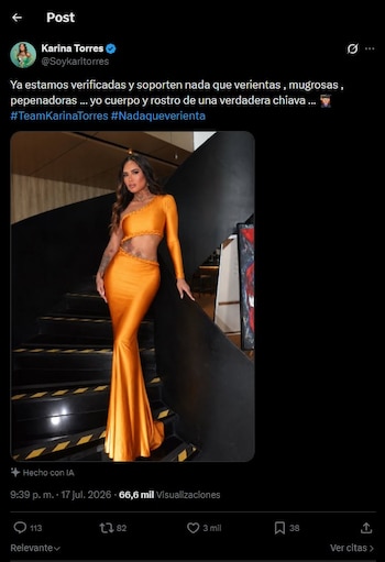 Captura de pantalla de una publicación de redes sociales de Karina Torres. Una mujer con un vestido naranja posa en una escalera oscura. Tatuajes visibles