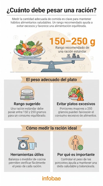Infografía con una balanza de cocina que muestra un plato de comida variada y el rango de 150-250g, junto a consejos sobre porciones saludables.