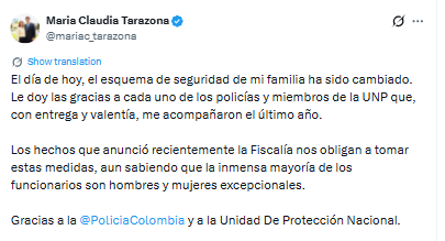Esta fue la publicación de María Claudia Tarazona en X sobre el cambio en su esquema de seguridad - crédito @mariac_tarazona/X