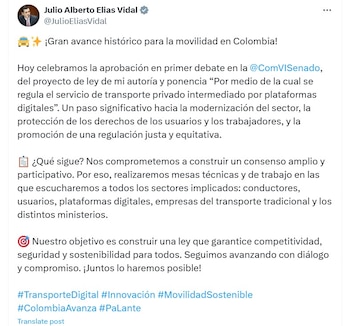 El senador de la U señaló que es un paso significativo para la modernización del sector - crédito @JulioEliasVidal/X