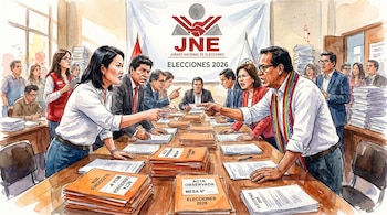 Ilustración acuarela de una sala electoral. Personas discuten enérgicamente alrededor de una mesa con pilas de "Acta Observada". Un cartel "JNE Elecciones 2026" al fondo.