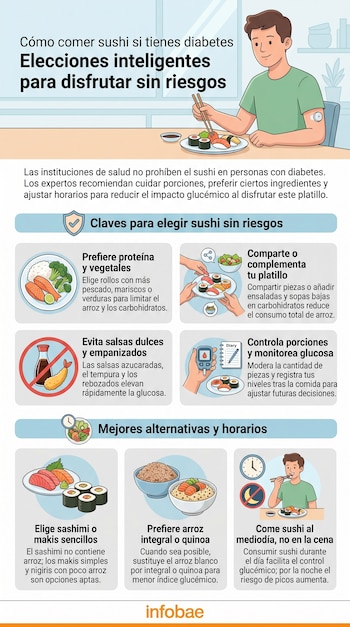 Infografía con un hombre comiendo sushi y un sensor de glucosa. Contiene consejos sobre cómo elegir sushi y horarios para personas con diabetes.