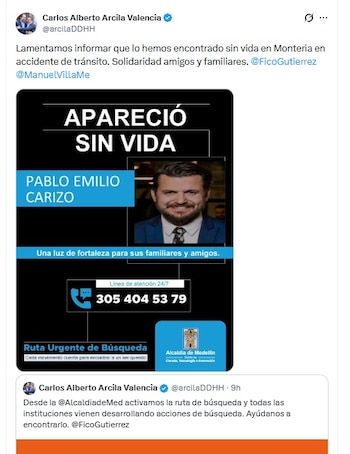 Carlos Arcila, secretario de Paz y Derechos Humanos de la Alcaldía de Medellín, confirmó el hallazgo del cuerpo del ciudadano argentino la noche del jueves 3 de septiembre de 2026 vía X - crédito @arcilaDDHH/X