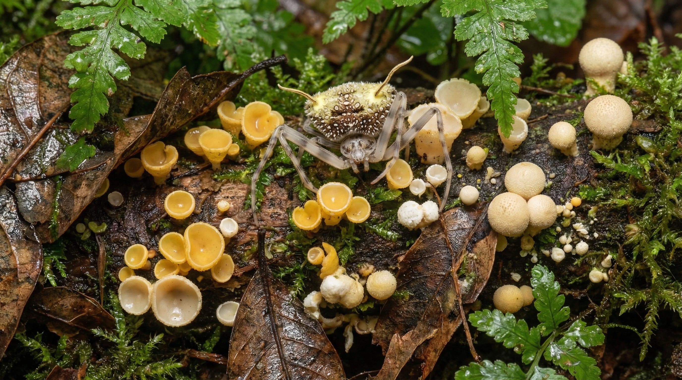 El camuflaje de la araña simula el cuerpo fructífero de hongos gibellula, dificultando su detección por depredadores (Imagen Ilustrativa Infobae)