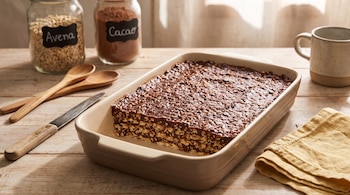 Fuente rectangular con turrón de avena y chocolate, cuchillo, dos cucharas de madera, jarra de cerámica, servilleta amarilla, dos frascos de avena y cacao.