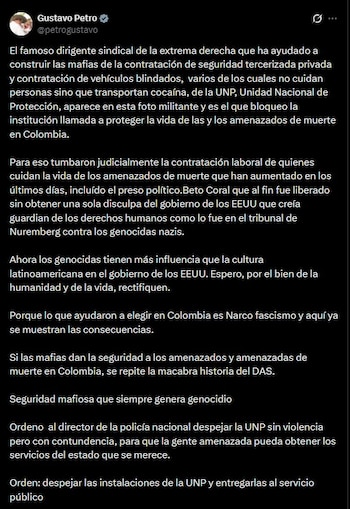 En su cuenta de X, el presidente Gustavo Petro ordenó despejar la UNP "sin violencia pero con contundencia" y responsabilizó a Wilson Devia del bloqueo de la entidad - crédito Gustavo Petro/X
