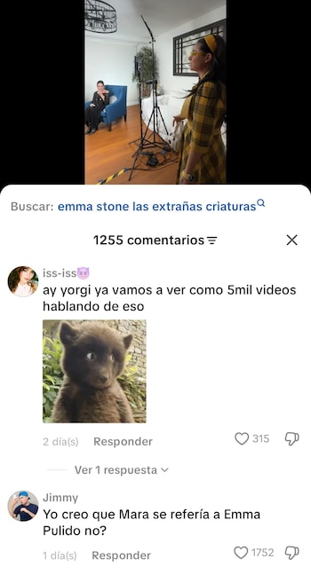 Captura de pantalla de una red social con un video de dos mujeres y equipo de iluminación, un buscador, una sección de comentarios, y un meme de un oso