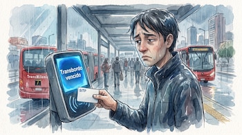 Un hombre sostiene una tarjeta sobre un validador electrónico cuya pantalla muestra la frase Transbordo vencido dentro de una estación.
