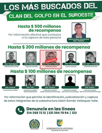 Alias Cilindro, en el cartel de los más buscados del sureste de Antioquia - crédito @AndresJRendonC/X