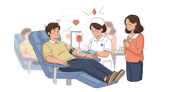 Ilustración de un hombre donando sangre en un sillón, con una enfermera a su lado y una mujer de pie observando. Un equipo de transfusión visible.