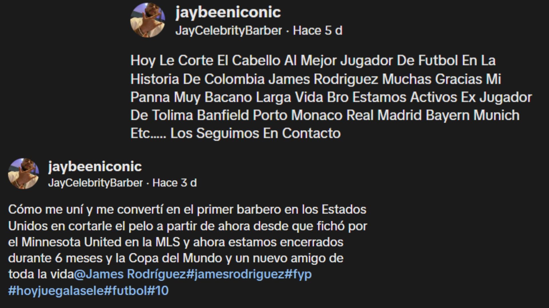 Jaybeeniconic expresa su entusiasmo al atender a James Rodríguez. - crédito @JayCelebrityBarber/Tiktok