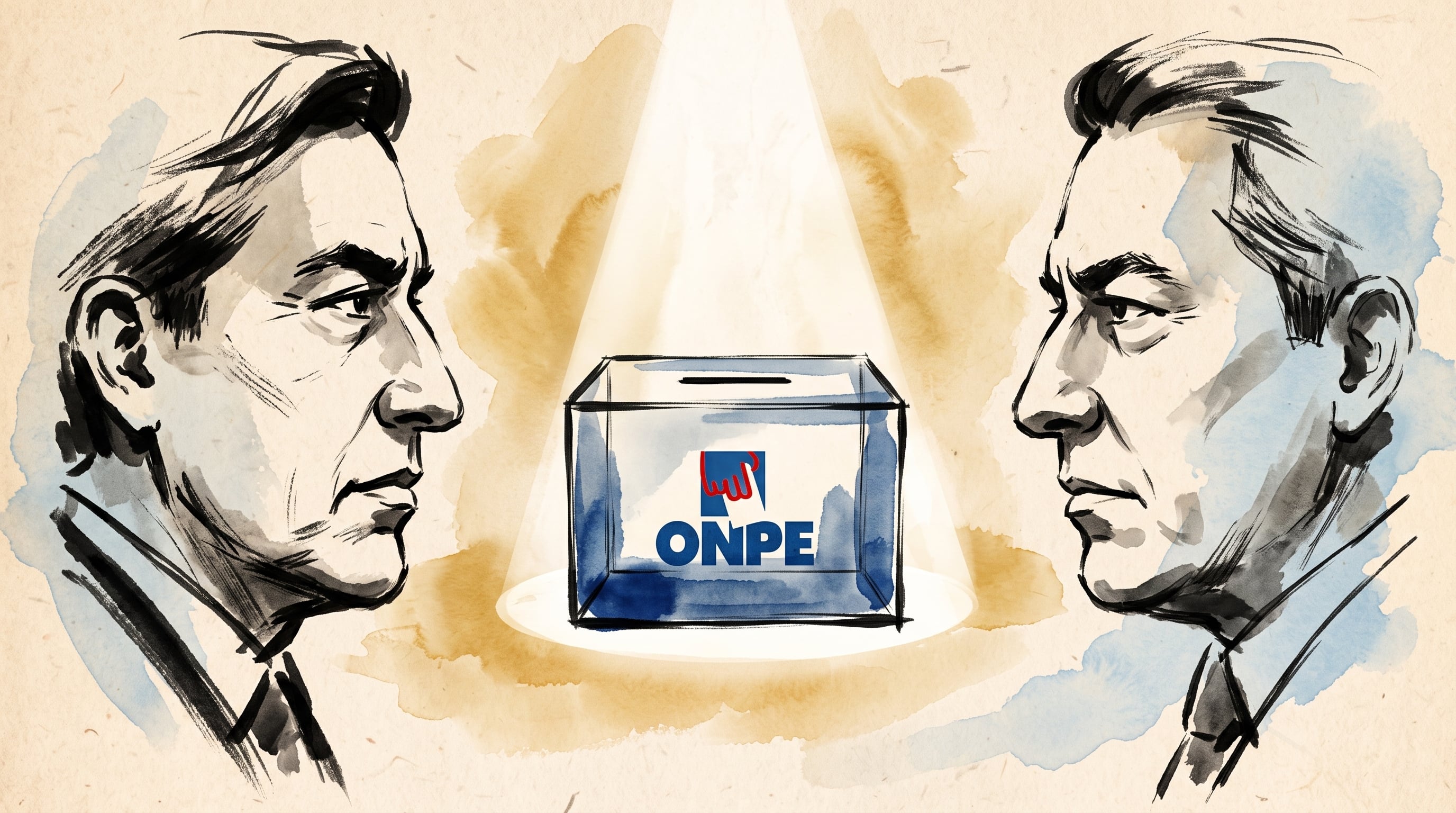 Dos candidatos afrontan el proceso electoral ante una urna transparente con el logotipo de la ONPE en Perú. (Imagen Ilustrativa Infobae)
