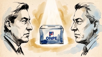 Ilustración en tinta de dos hombres de perfil con una urna transparente de votación en el centro con el logotipo de la ONPE.