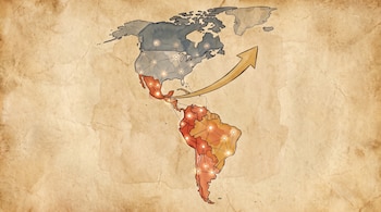 Mapa de las Américas con Norteamérica en azul grisáceo y Sudamérica en tonos naranja, sobre un fondo de papel antiguo. Redes de puntos y líneas, una flecha ascendente.