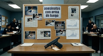La Policía Nacional Civil acordonó el área y restringió el paso en la escena, resguardando evidencias balísticas tras el crimen en Villa Nueva. (Visuales IA)