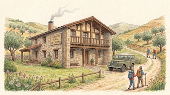 Casa rural de piedra y madera con cartel 'Turismo Rural La Casona', chimenea humeante, jardín con flores, un todoterreno, cuatro senderistas y colinas con olivos.