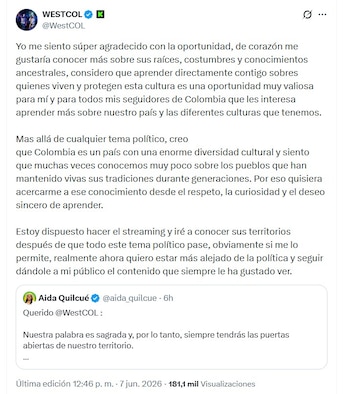El creador de contenido Westcol agradeció la invitación de la senadora Aida Quilcué para visitar su comunidad, pero aclaró que su prioridad actual es impulsar debates políticos frente a la segunda vuelta - crédito @WestCOL/X