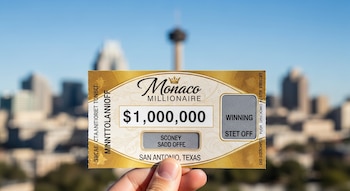 Primer plano de una mano sosteniendo un boleto de lotería 'Monaco Millionaire' de $1 millón, con el horizonte de San Antonio y la Torre de las Américas desenfocados detrás.