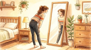Ilustración de una persona con suéter a rayas y jeans ajustados, de pie descalza frente a un espejo de cuerpo entero en un dormitorio.