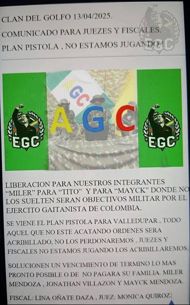 Por medio de las redes sociales están circulando panfletos amenazantes en contra de algunos funcionarios de la rama judicial colombiana en la ciudad de Valledupar - crédito redes sociales/X