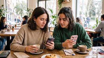 Dos mujeres jóvenes sentadas a una mesa de madera en una cafetería miran sus teléfonos celulares con tazas de café enfrente.