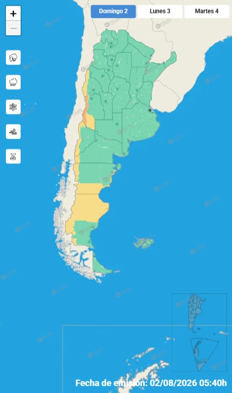 Un mapa meteorológico de Argentina muestra alertas por viento y nieve en las regiones del oeste y sur para este domingo
