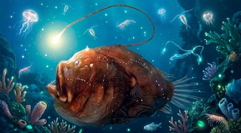 Ilustración de un pez pescador marrón con un señuelo luminoso en el abismo marino. Alrededor hay medusas, camarones y corales bioluminiscentes