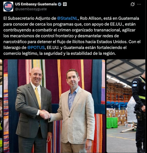 La Embajada de Estados Unidos en Guatemala indicó que la visita busca fortalecer la respuesta de las autoridades frente al narcotráfico y los ilícitos transfronterizos. (Embajada de EE.UU. en Guatemala)