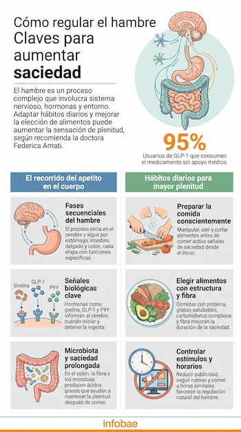 Infografía con diagrama del sistema digestivo, cerebro. Texto explica el proceso del apetito, hormonas, microbiota y hábitos de saciedad. Muestra 95% usuarios GLP-1.