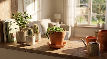Plantas suculentas, cactus en macetas, libros, macetas de barro y una regadera sobre una barra de madera frente a una sala.