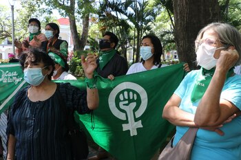 Activistas feministas se manifiestan a las afueras del Hospital de la Mujer Percy Boland, en Santa Cruz (Bolivia). EFE/Juan Carlos Torrejón