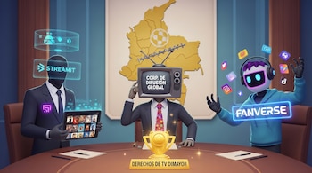 Tres figuras: una con TV en la cabeza, una con tableta, una robot. Un trofeo, un mapa de Colombia, textos "STREAMIT", "FANVERSE", "DERECHOS DE TV DIMAYOR".