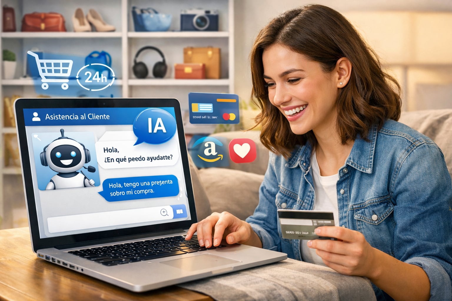 Una mujer sonriente utiliza su laptop para realizar compras en línea, interactuando con un chatbot de inteligencia artificial que ofrece asistencia al cliente de manera rápida y eficiente. (Imagen Ilustrativa Infobae)