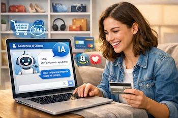 Una mujer joven y sonriente con una chaqueta vaquera usa una laptop, interactuando con un chatbot de IA en pantalla y sosteniendo una tarjeta de crédito.