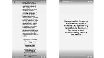 Dos capturas de pantalla de historias de Instagram de Darinka Ramírez, mostrando texto blanco sobre fondo gris claro con críticas paternales
