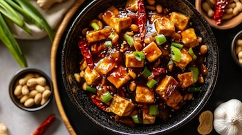 Tofu Kung Pao servido con