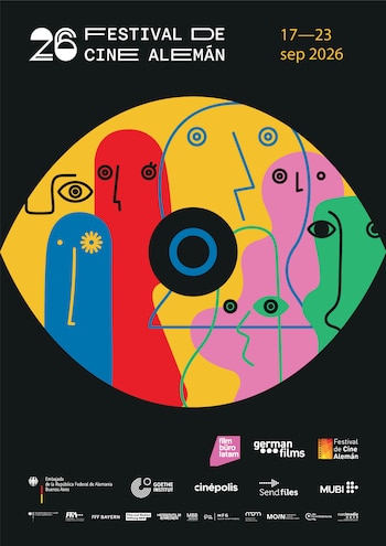 Cartel sobre fondo negro con la frase 26 Festival de Cine Alemán y una ilustración de un ojo con caras de colores en su interior