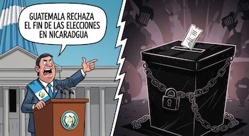 Un hombre en podio con banda presidencial guatemalteca habla bajo texto: Guatemala rechaza fin elecciones Nicaragua. Junto a él, una urna encadenada.