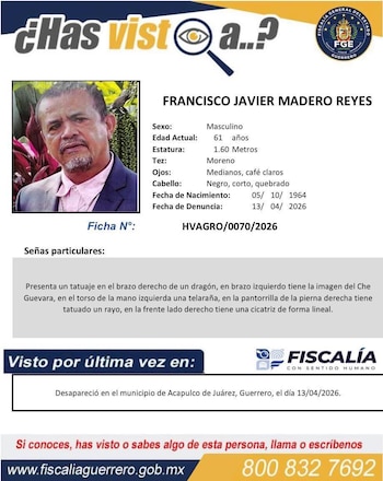 Al momento de su desaparición, Francisco Javier Madero Reyes vestía una playera amarilla y una bermuda azul. (Crédito: fiscalía de Guerrero)