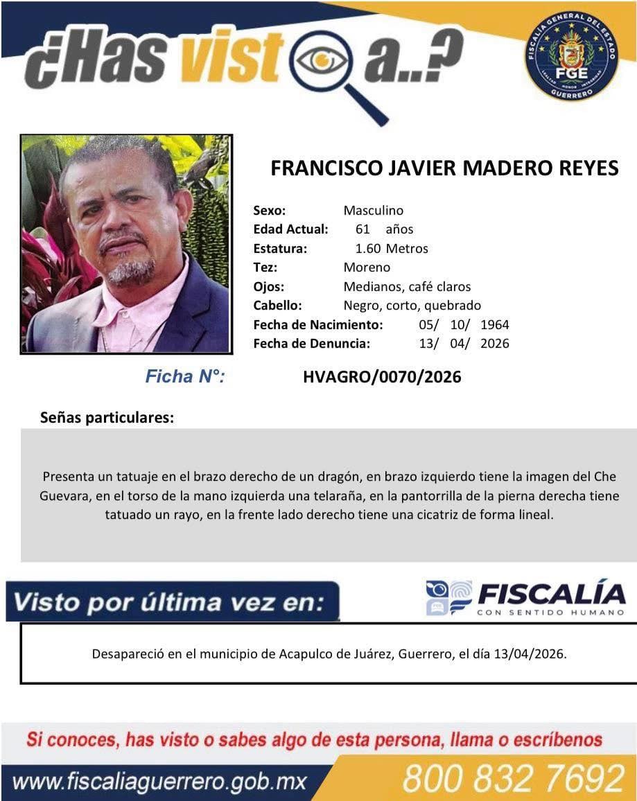 Al momento de su desaparición, Francisco Javier Madero Reyes vestía una playera amarilla y una bermuda azul. (Crédito: fiscalía de Guerrero)