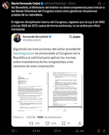 Mensaje de María Fernanda Cabal en el que cuestiona a Armando Benedetti y rechaza la intervención del Gobierno en las decisiones internas del Congreso sobre ausentismo - crédito María Fernanda Cabal/X