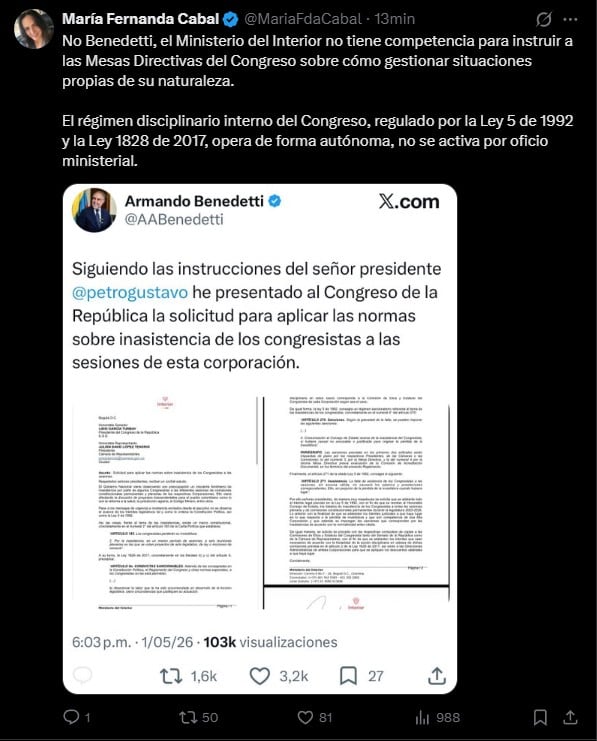 Mensaje de María Fernanda Cabal en el que cuestiona a Armando Benedetti y rechaza la intervención del Gobierno en las decisiones internas del Congreso sobre ausentismo - crédito María Fernanda Cabal/X