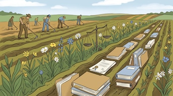 Un campo arado con campesinos, plantas, flores, pilas de expedientes, carpetas legales, un documento con sello y una balanza de justicia.