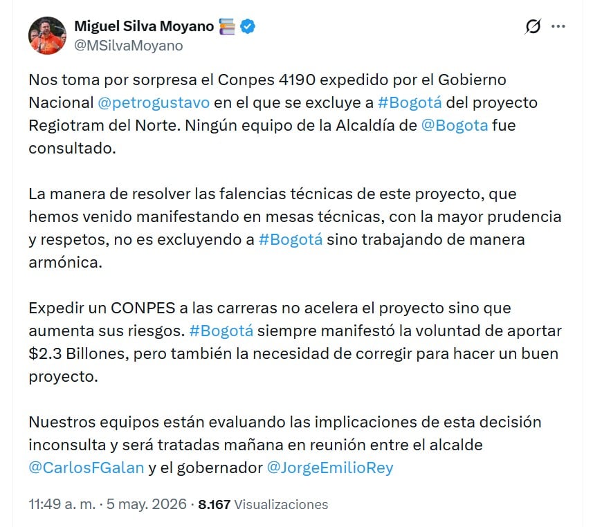 Miguel Silva aseguró que ningún equipo técnico de la administración distrital intervino en la discusión del documento - crédito @MSilvaMoyano/X