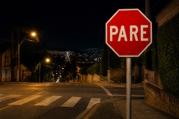 Señal octagonal de PARE de color rojo con letras blancas sobre poste junto a un paso peatonal en una calle iluminada de noche.