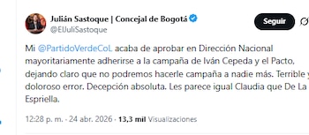 El concejal de Bogotá Julián Sastoque rechazó la decisión del partido Alianza Verde de apoyar la candidatura de Iván Cepeda - crédito @ElJuliSastoque/X