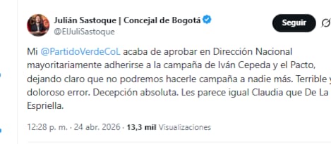 El concejal de Bogotá Julián Sastoque rechazó la decisión del partido Alianza Verde de apoyar la candidatura de Iván Cepeda - crédito @ElJuliSastoque/X